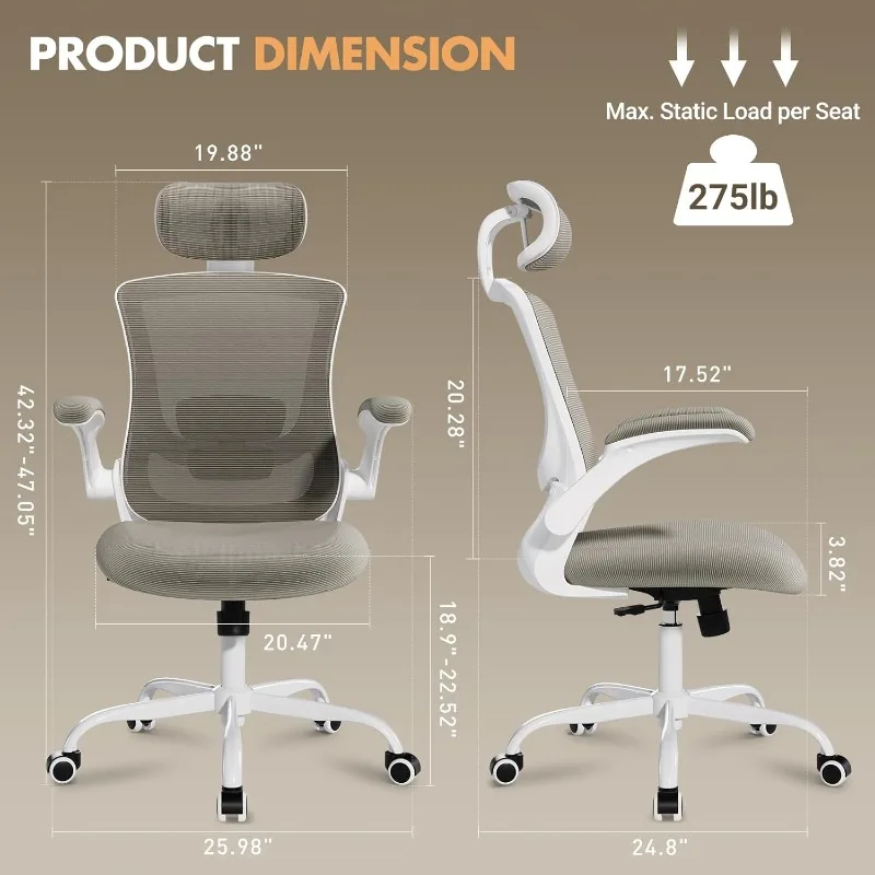 

Ergonomic Office Chair with Adjustable Lumbar Support & Headrest, High Back Mesh Desk Chair with Flip-Up Armrests