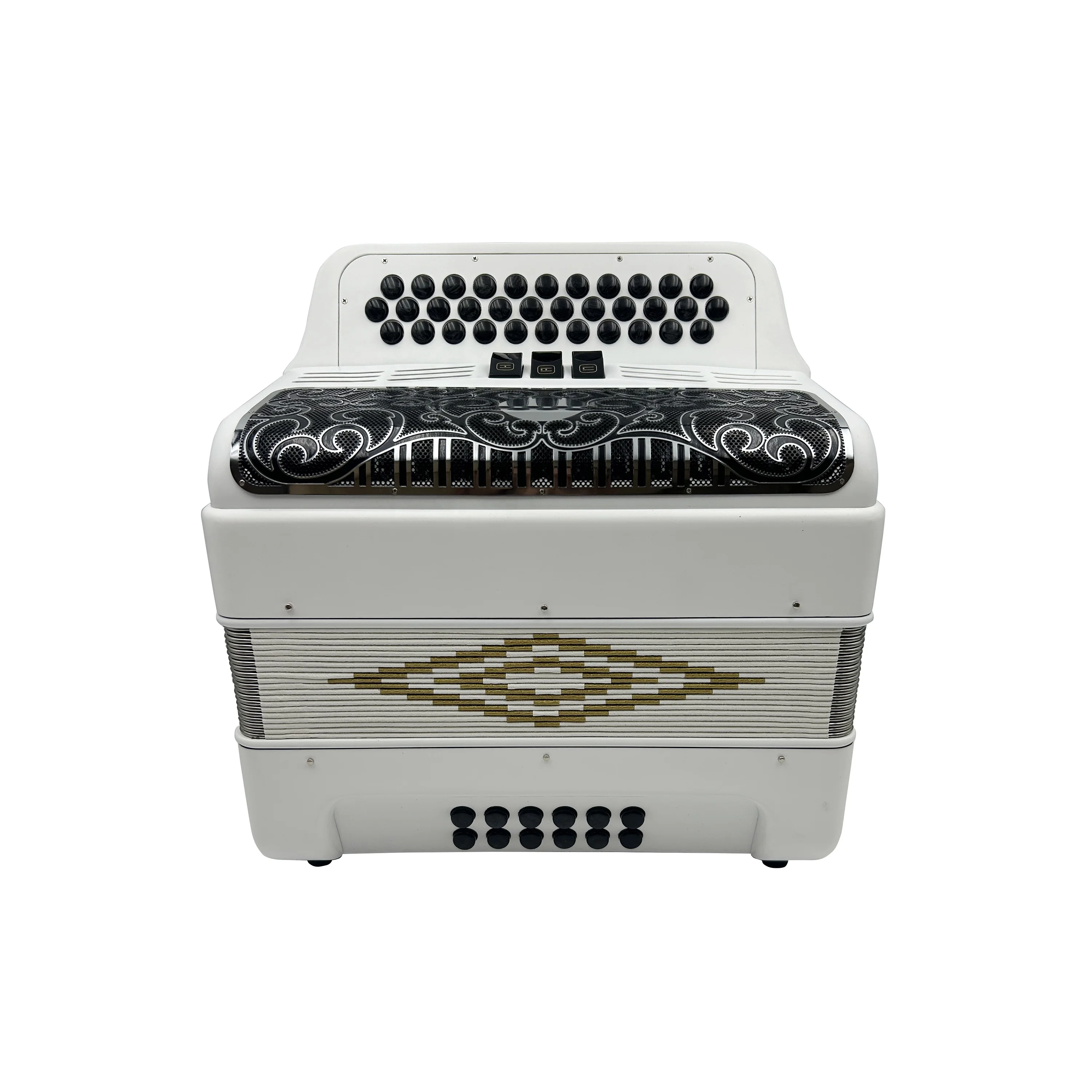 Professional Diatonic Accordion 34-Button 12-Bass 3-Register Matt White Body With Black Silver Grill & Buttons JB3412C