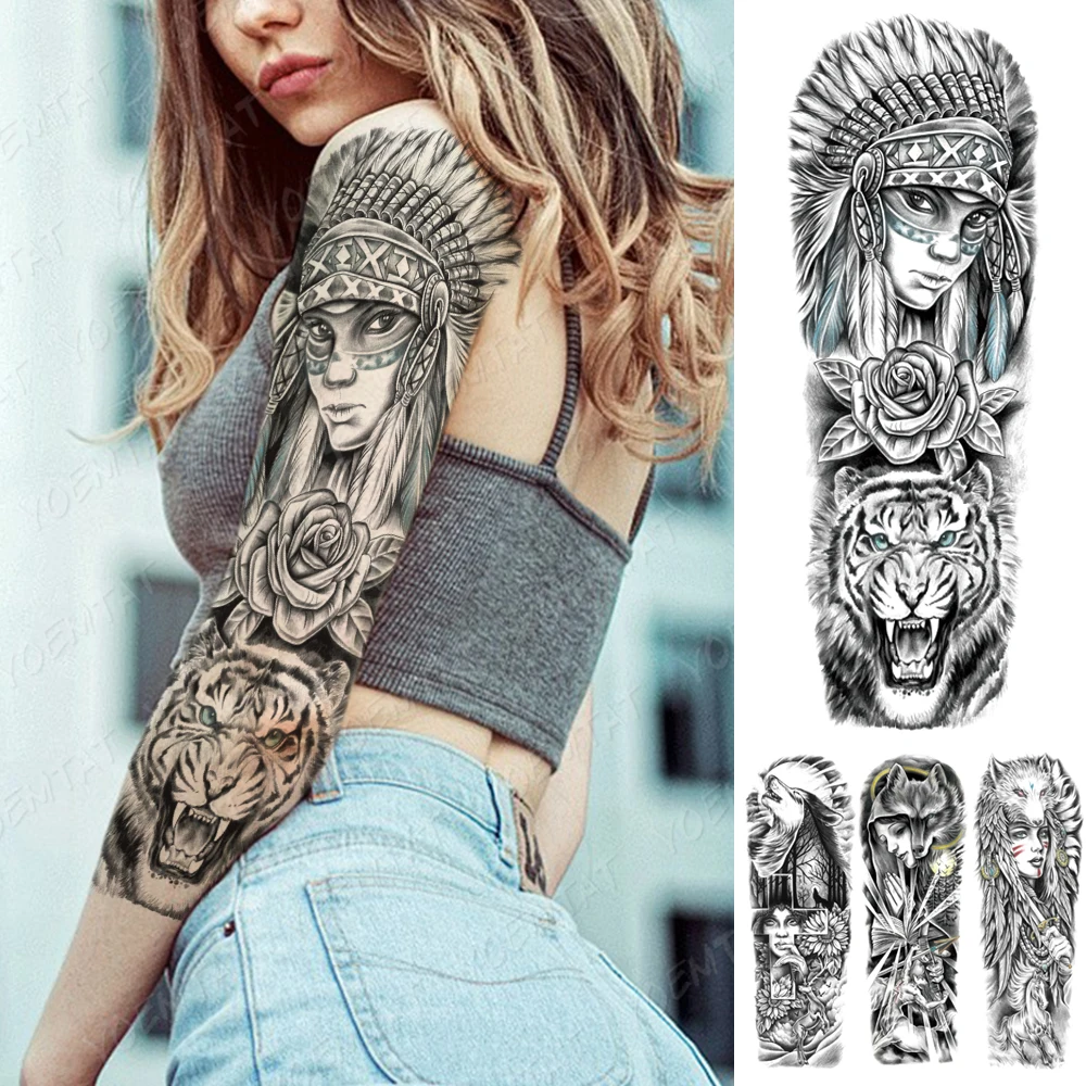 

Large Full Arm Sleeve Waterproof Temporary Tattoo Sticker Rose Tiger Maori Tribe Totem Body Art Transfer Fake Tattoos Women Men