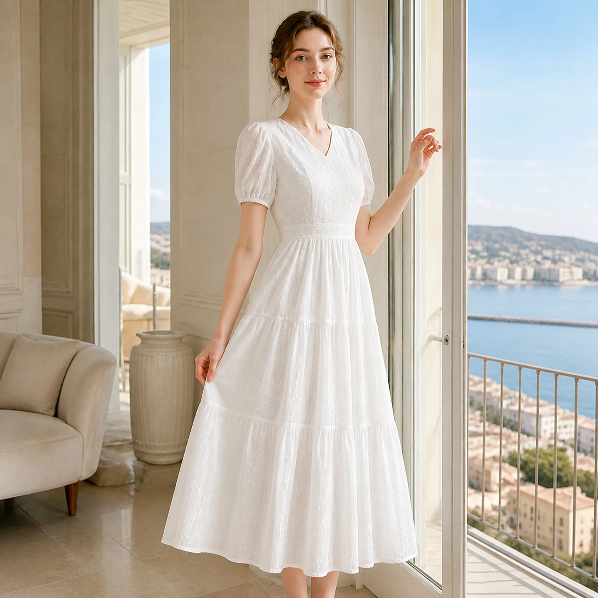 White Dress for Woman Elegant Party Summer Dresses 2026 Women's Casual Dresses for Women V Neck Embroidered Puff Sleeve A Line