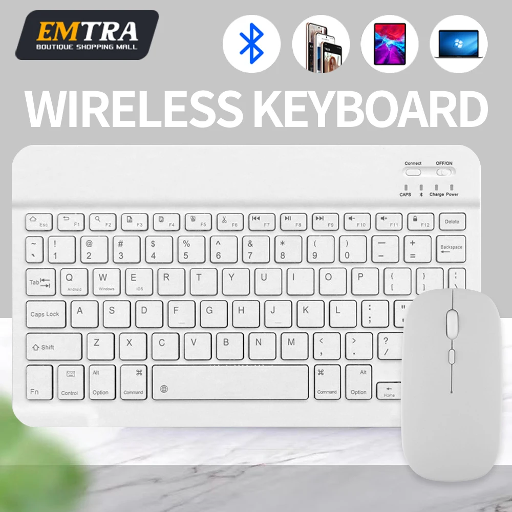 ماوس لوحة مفاتيح بلوتوث لاسلكي لنظام IOS وأندرويد ويندوز والكمبيوتر اللوحي لجهاز IPad Air Mini Pro الإسباني متعدد اللغات لوحة المفاتيح باللون الأبيض