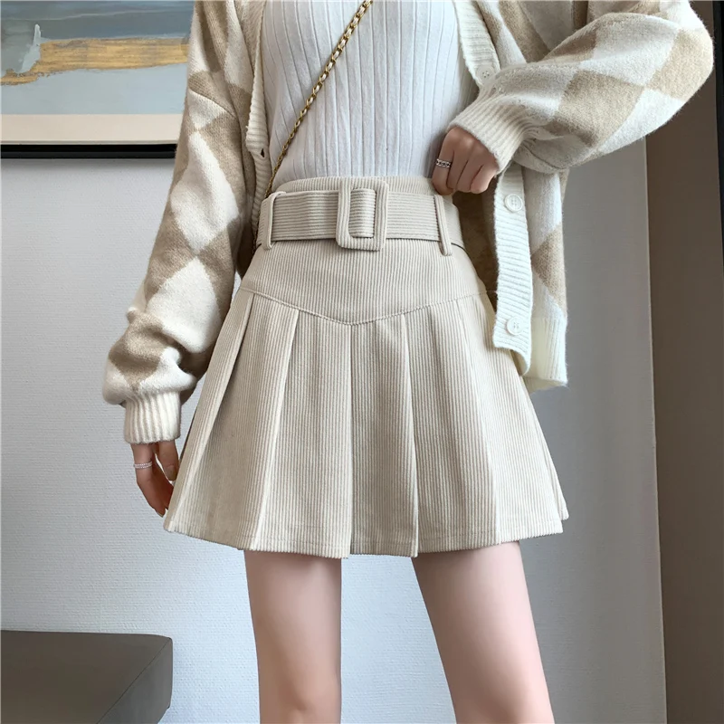 Autumn Winter Vintage Corduroy Pleated Women's A-line Skirts Sashes High Waist Office Sexy Mini Skater Skirt Female