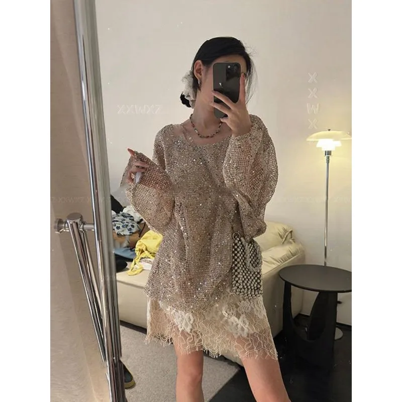 

Women's Pullover Solid Color Casual Fashion Long-sleeved Sequined Loose Hollow Top