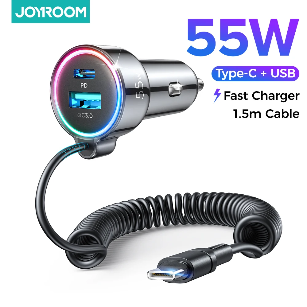 Joyroom Fast USB C Car Charger, 55W 3-Fast Port Super Quic Car Charger PD& QC3.0 with 1.5m 30W Super Fast Type C Coiled Cable