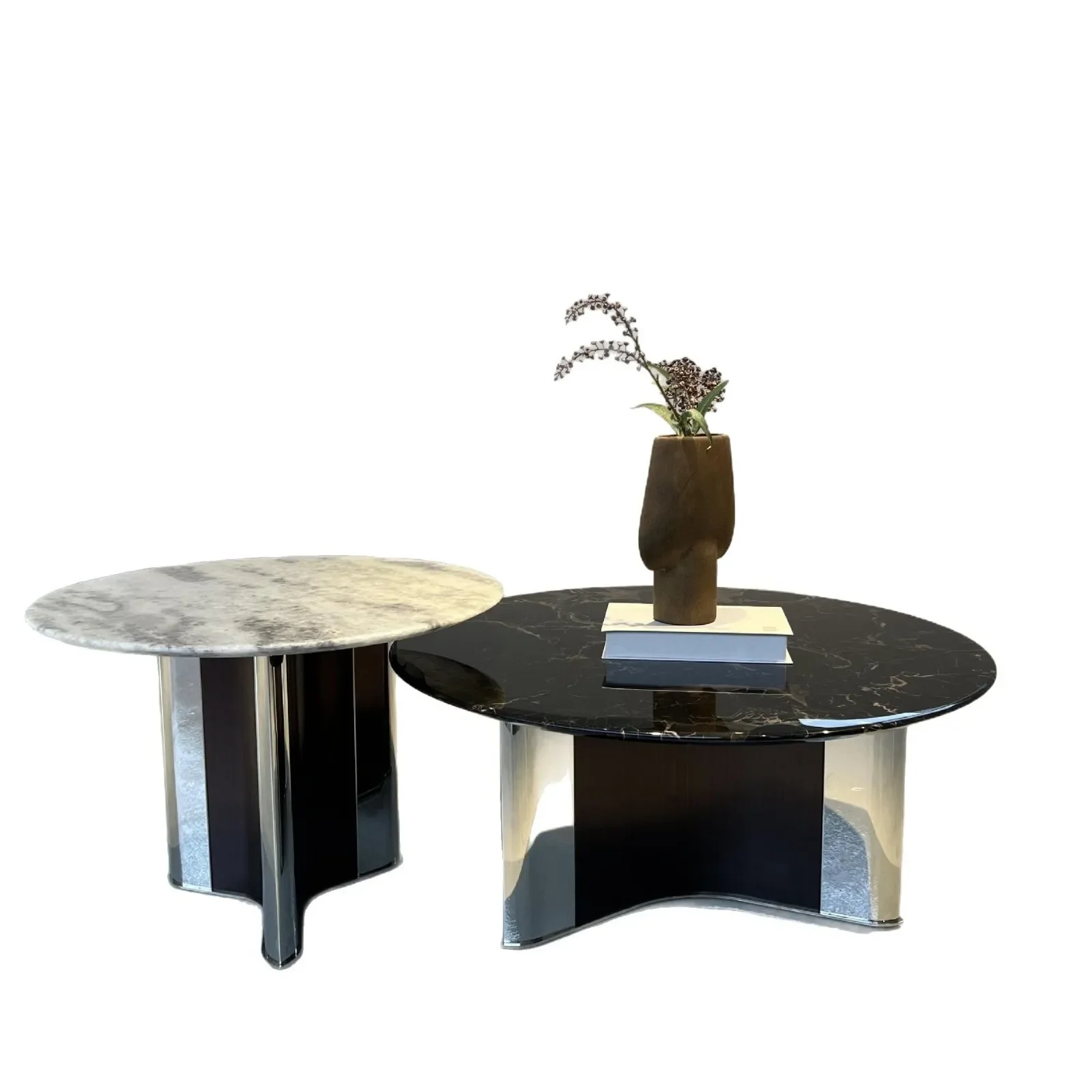 

Natural luxury stone marble round black ice flower blue crystal luxury stone Italian minimalist light table