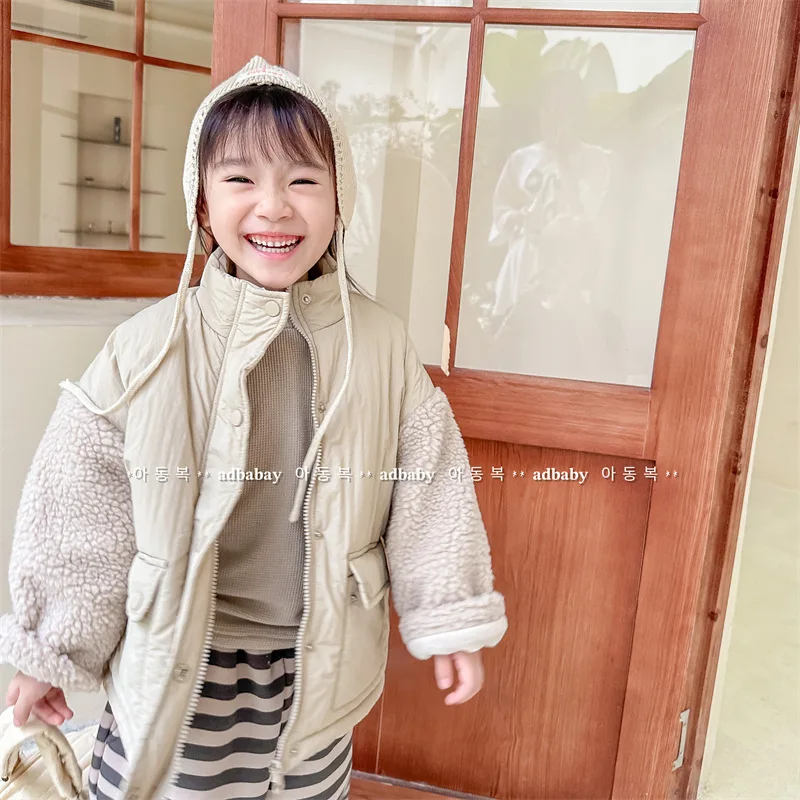 

Spliced Sleeve Cotton Coat Autumn and Winter Fashion Plus Plush Thick Casual All-match Simple Cotton Coat