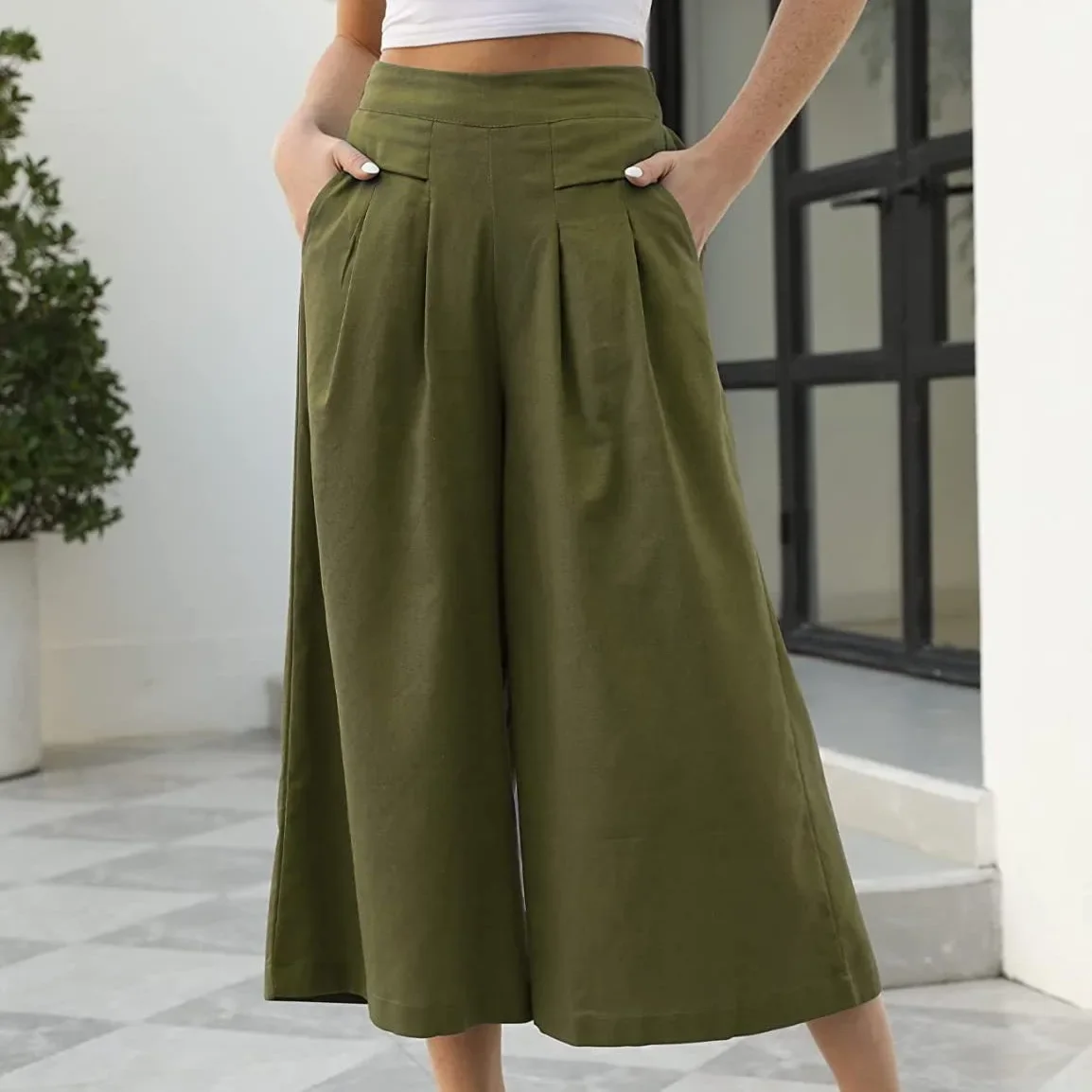 NICE Casual Cotton Feel Elastic Waist Wide Leg Nine Points Pants With Pockets Loose Women's Trousers Workwear Style Female Long
