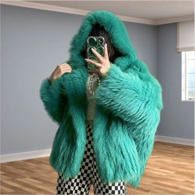 معطف جديد بغطاء للرأس طويل الشعر مع مزيج خفيف من الفرو والقطيفة