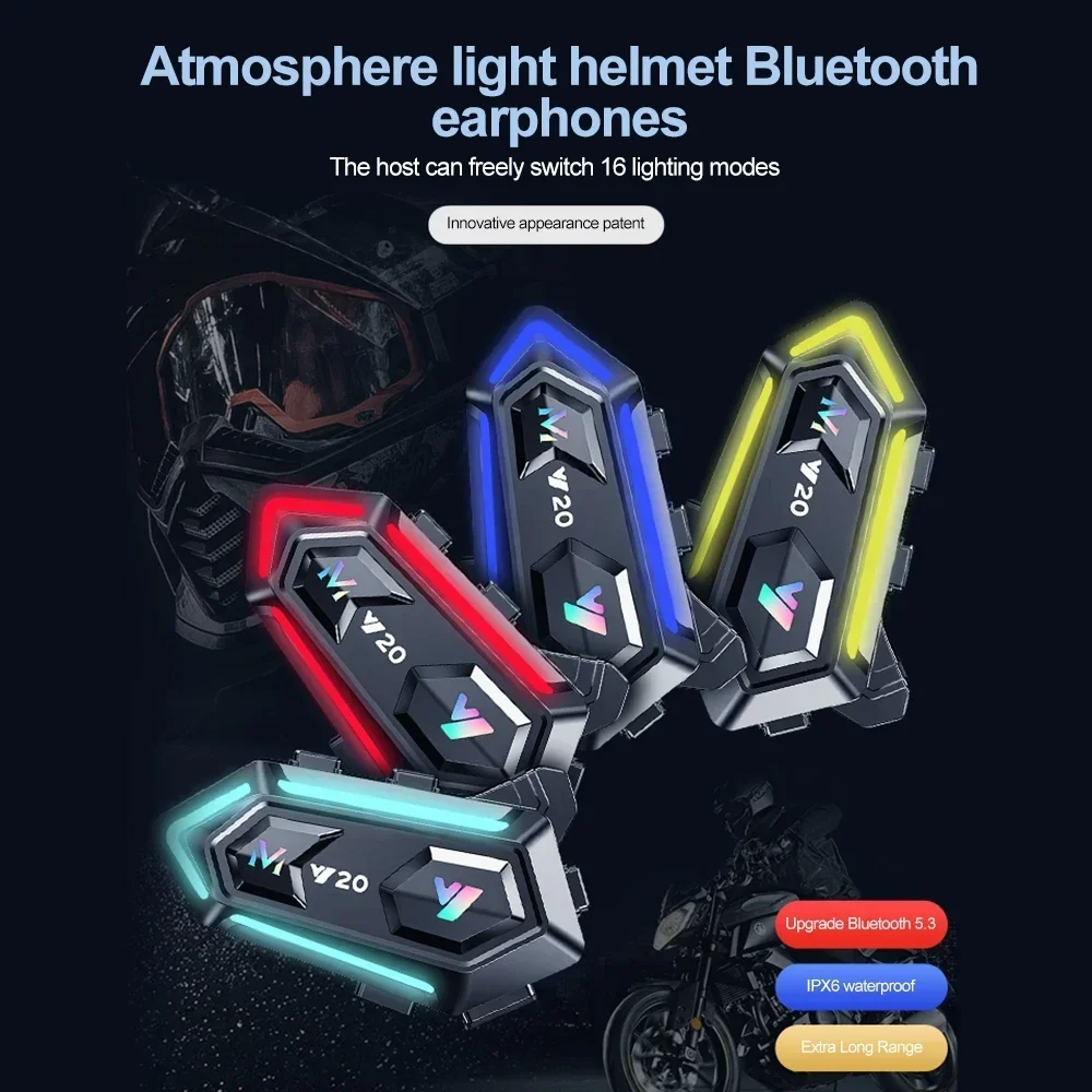 Motorcycle Helmet Headset Wireless Waterproof HandsFree V5.3 IPX6 Waterproof Earphone with Colorful RGB Light Effect Headphone