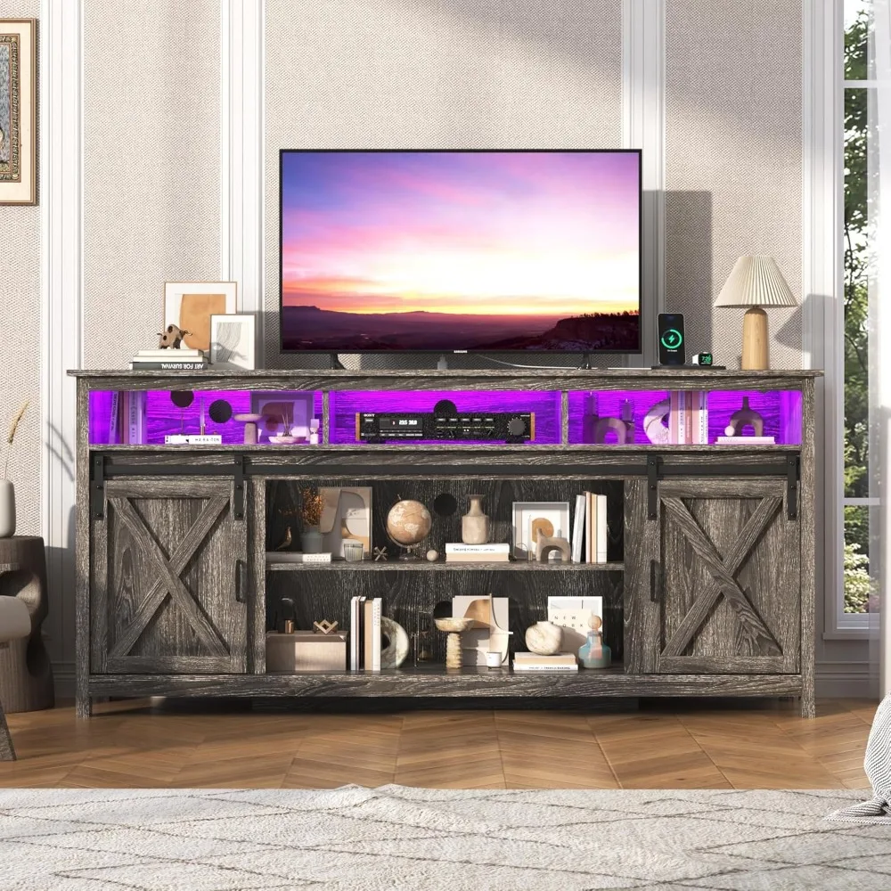 حامل تلفزيون المزرعة لتلفزيون 80/75 بوصة مع مخرج طاقة، مركز ترفيه مع مساحة تخزين وأبواب حظيرة منزلقة، وسائط خشبية #3