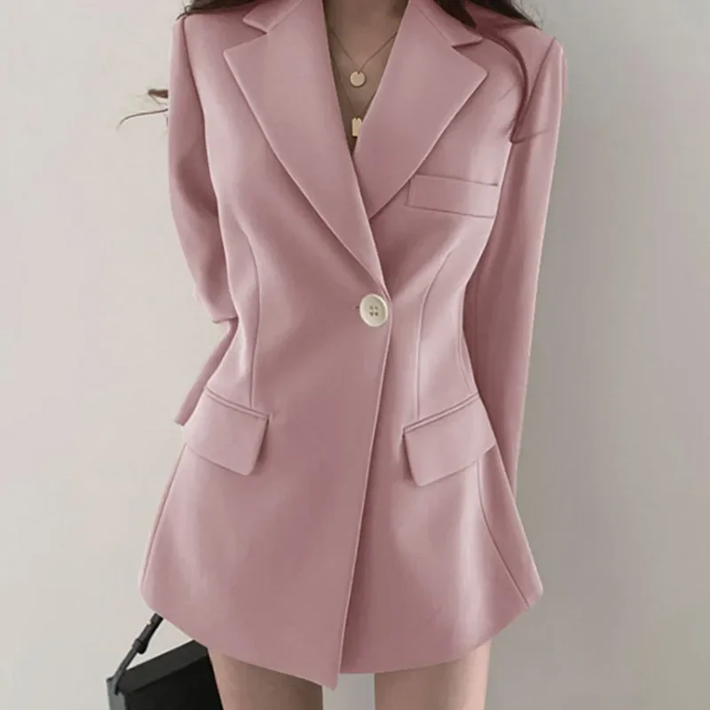 Office Casual Blazer Coat Women Notched Single Button Pocket Long Sleeve Suits Tops Female 2025 Spring Solid Elegant Ins Jacker