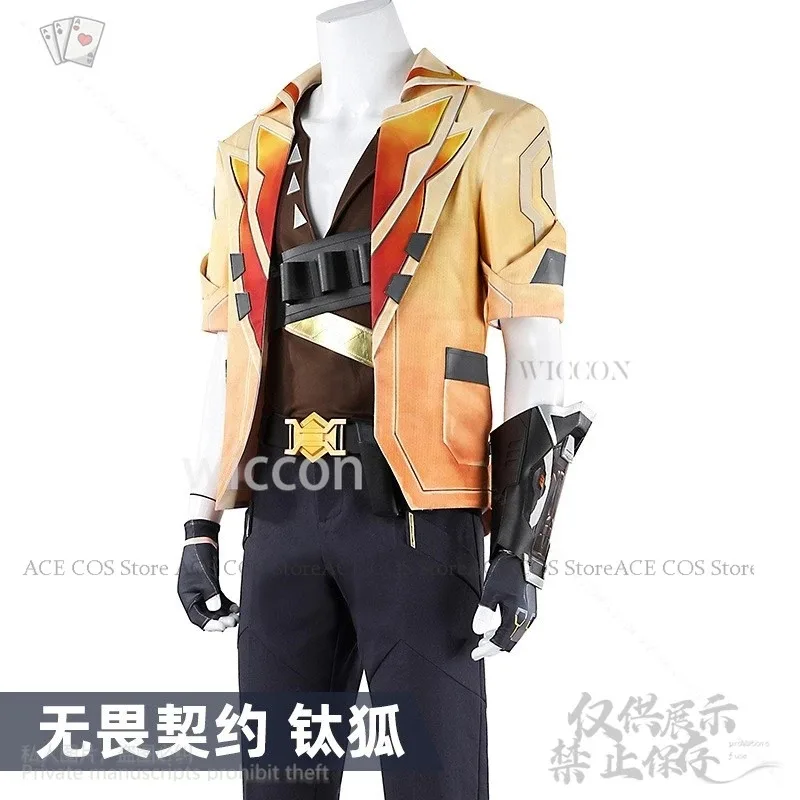 Newanime juego VALORANT disfraz de Cosplay Sexy naranja Deep V camisa pantalones gafas de sol de verano Cool Daddy Tejo traje Cos New2025