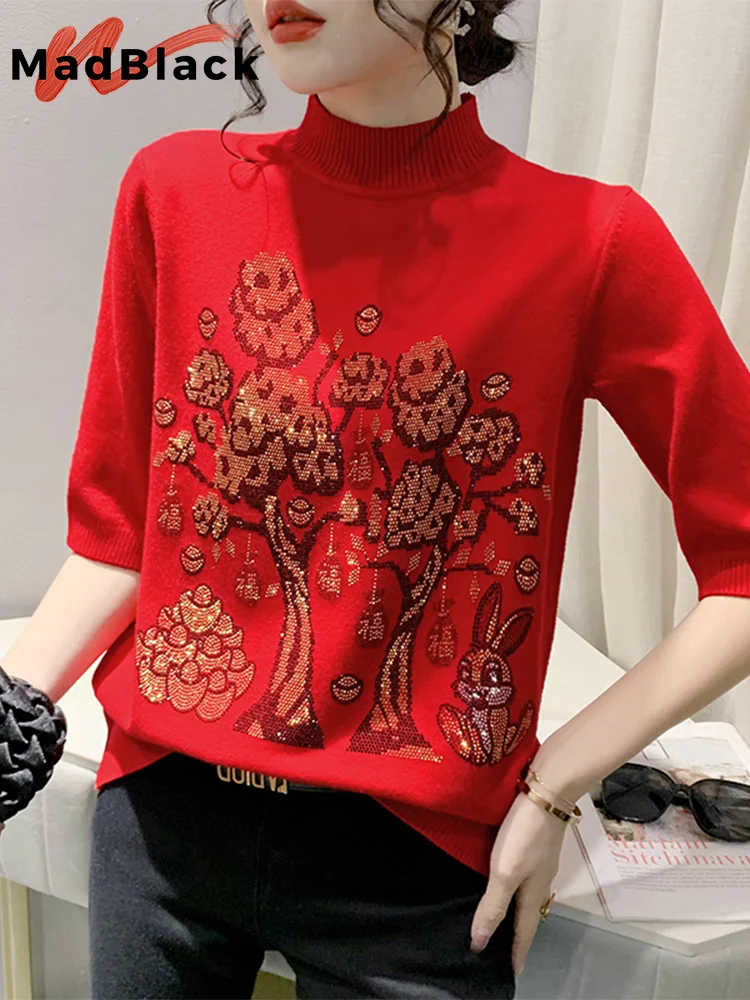 MadBlack Tradition Sweater Women Half Turtleneck Beaded Bunny Year Red Knit Top Half Sleeve Pullover Autumn Winter T38701JM