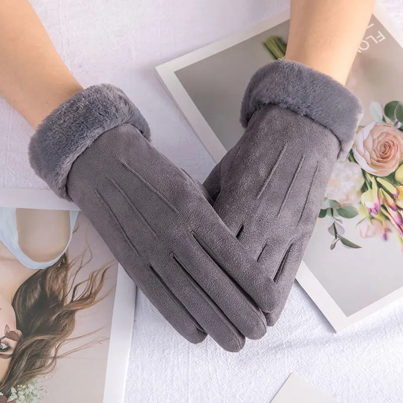 Women Winter Thick Plush Leather Gloves Fashion Winter Warm Skiing Outdoor Women Gloves Lady Elegant Casual Touch Screen Gloves