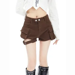 Women Brown Y2k Cargo Denim Shorts 2000s High Waist Wide Shorts Korean Harajuku 90s Vintage Baggy Jean Short Pants Clothes 2024