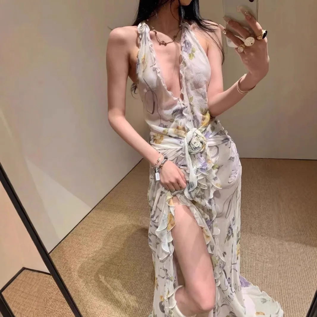 2026 Women's Elegant Halter Neck Open Back Maxi Dress V Neck Floral Print Ruched 3D Flower Long Dress for Niche Temperament