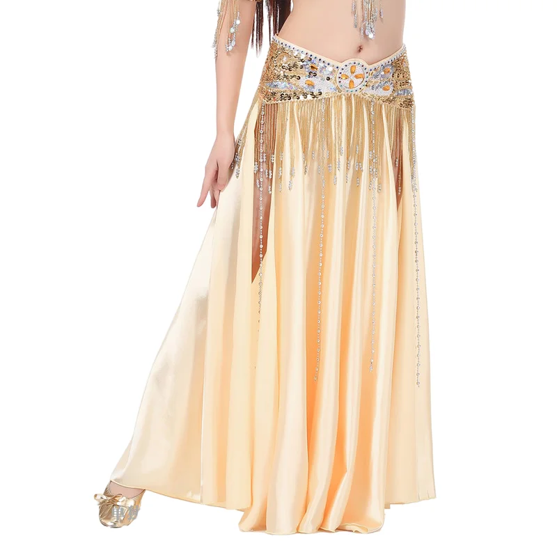 Women Long Satin Panel Skirt 2 Side Slit Belly Dance Tribal Swing Gypsy Costume Sexy Dress Double Forktailed Church Praise Gold