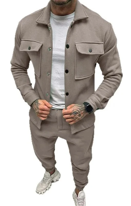 

2025 fashion men's suit, spring and autumn two-piece set, foreign trade trend, suede leather casual jacket and pants