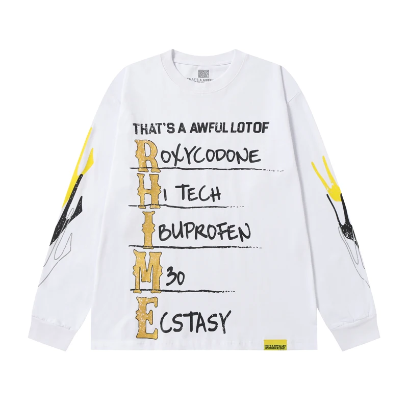 Streetwear Contrast Graffiti THAT'S A AWFUL LOT OF COUGH SYRUP Long Sleeve T-Shirts Retro Print Drop Shoulder Casual Tops