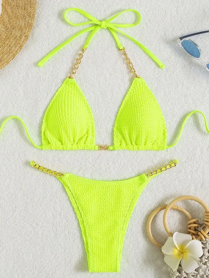 Sexy Neon Yellow Bikini Set 2022 Women Solid Black Pleated Push Up Swimsuit Summer Beach Bathing Suit Metal Chain Thong Swimwear