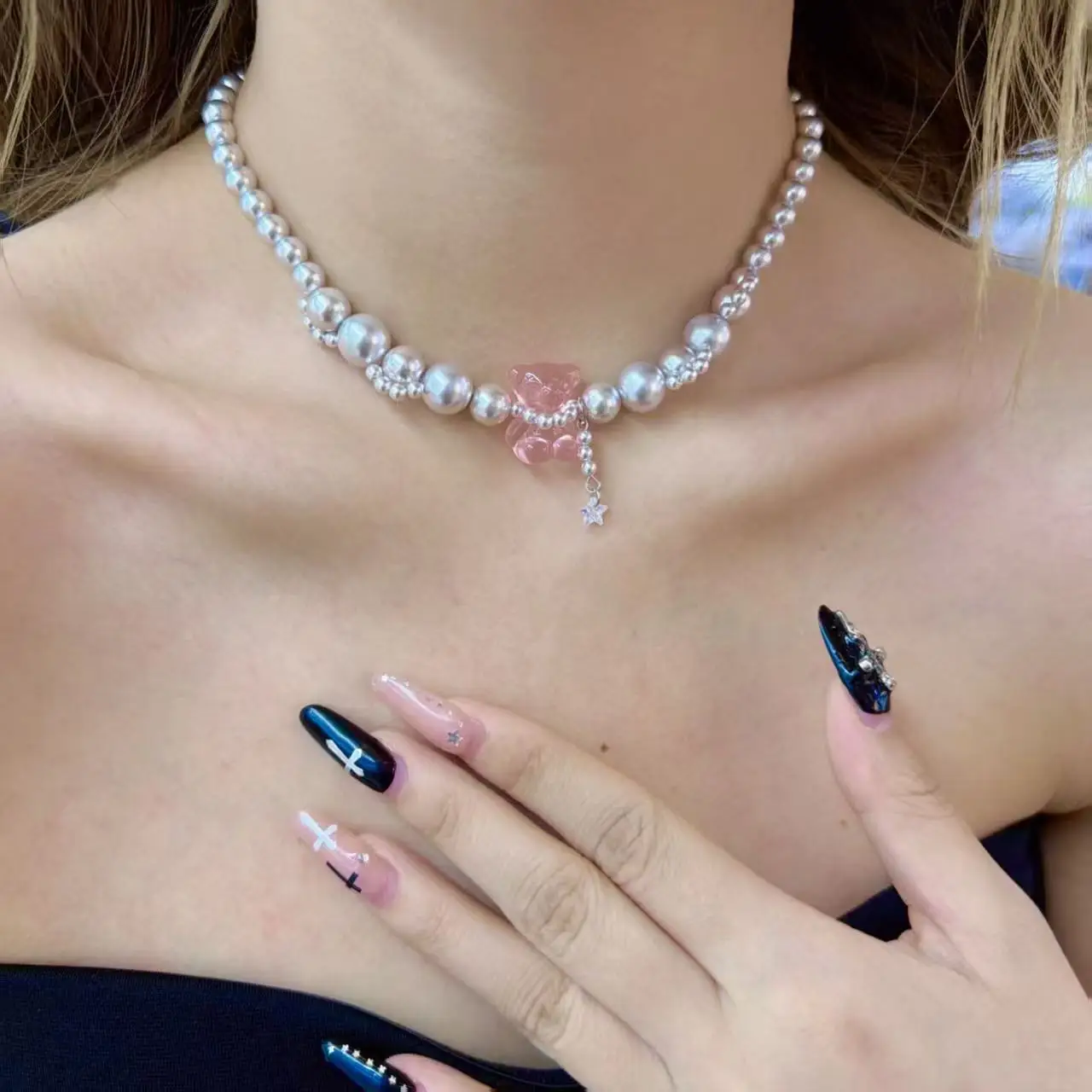 Chinese Style Lucky Blessing Pink Crystal Bear Faux Pearl Necklace Bracelet Set Cute Zircon Star Pendant Attract Wealth Good Luc