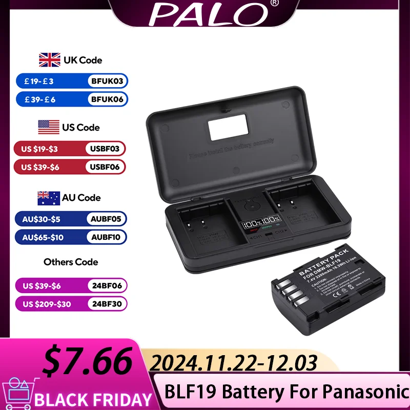 PALO 2200mAh DMW-BLF19 DMW BLF19E BLF19 Battery For Panasonic Lumix GH3 GH4 GH5 G9 DC-GH5 Batteries + LED USB Dual Charger Case