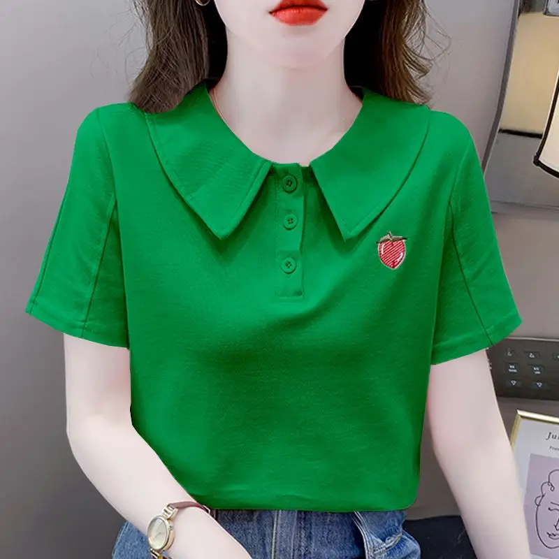 

Fashion Peter Pan Collar Button Embroidery Blouses Female Clothing 2024 Summer New Loose Chic Short Sleeve Tops Casual Shirts