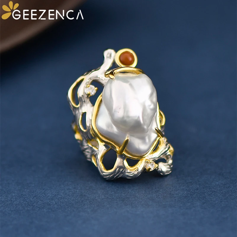 GEEZENCA Natural Baroque Pearl S925 Silver Two Tone Rings For Women Designer Hollow Luxury Hyperbole Cocktail Ring 2023 New Gift