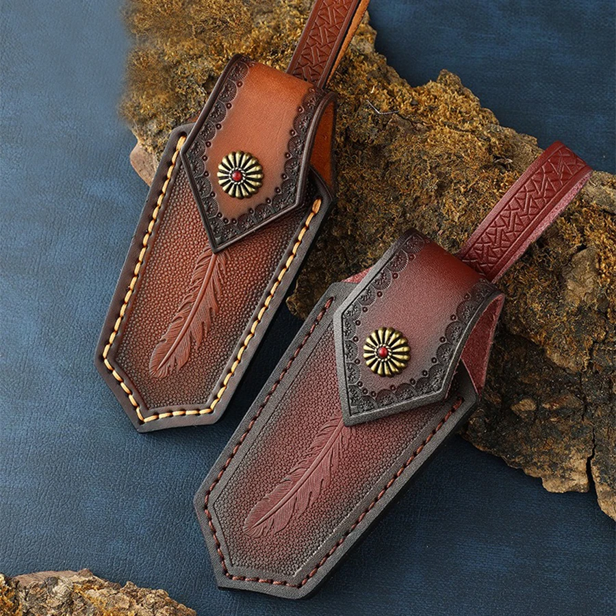 طقم سكاكين قابل للطي مع جلد مدبوغ بالخضار ، مخيط يدويًا ، طقم سكاكين مطبوع ، جلد بقر بطبقة علوية ، غمد سكين خارجي