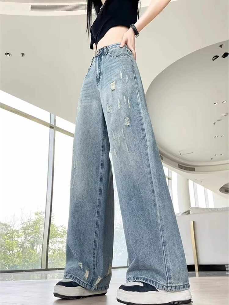 Spring Autumn New Loose Straight Leg Slimming Jeans for Women Retro Washed Wide Leg Mopping Denim Pants Female Wide Leg Jeans