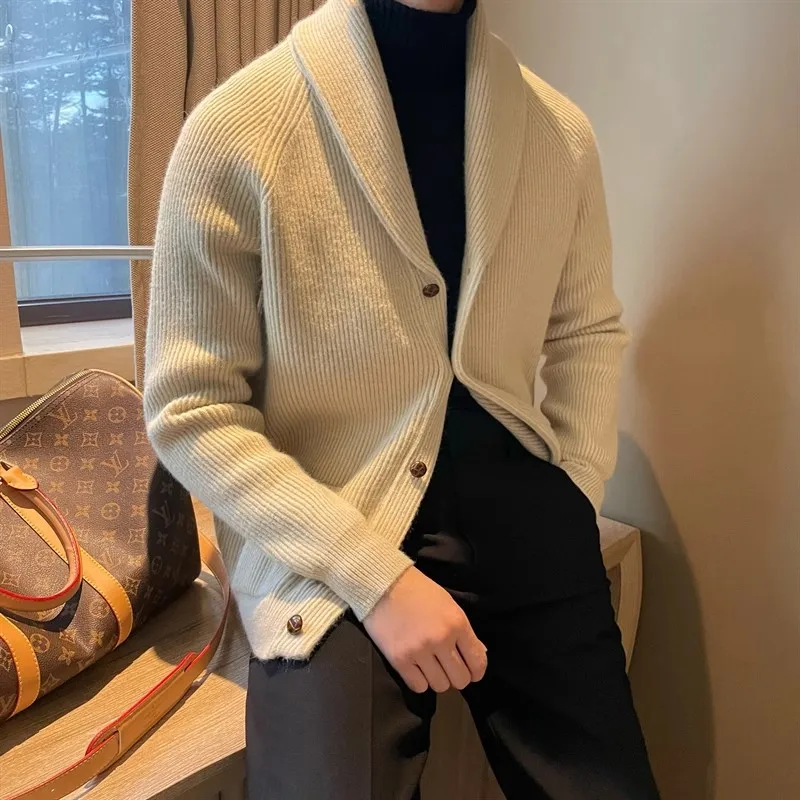 Thick lapel gentleman slim knit cardigan casual solid color single row vintage V-neck thick line wool coat men