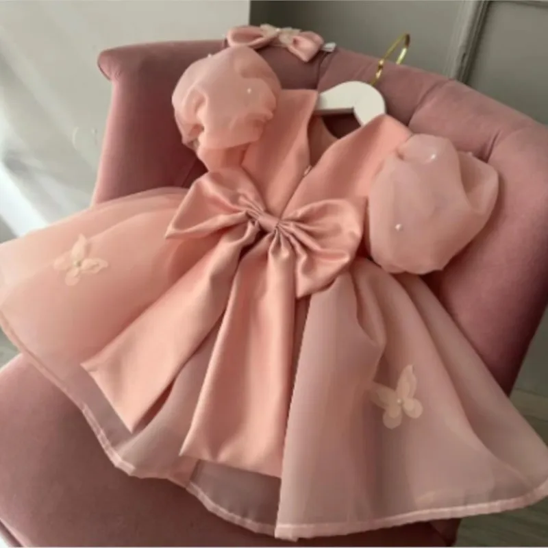 Baby Girl Princess Tutu Dress Puff Sleeve Infant Toddler Child Vintage Pearl Butterfly Vestido Wedding Party Baby Clothes 1-12Y