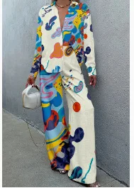 Conjunto informal de 2 piezas con estampado bohemio, camisa holgada de manga larga con solapa y botones, pantalones de pierna ancha de cintura alta, traje de primavera, nuevo estilo de vacaciones