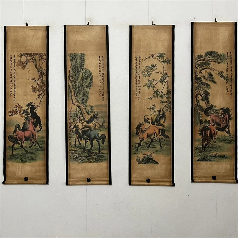 

China Old Scroll Painting, Four Screen Paintings, Middle Hall Hanging Painting, Chen Shaomei's Eight Horses Diagram