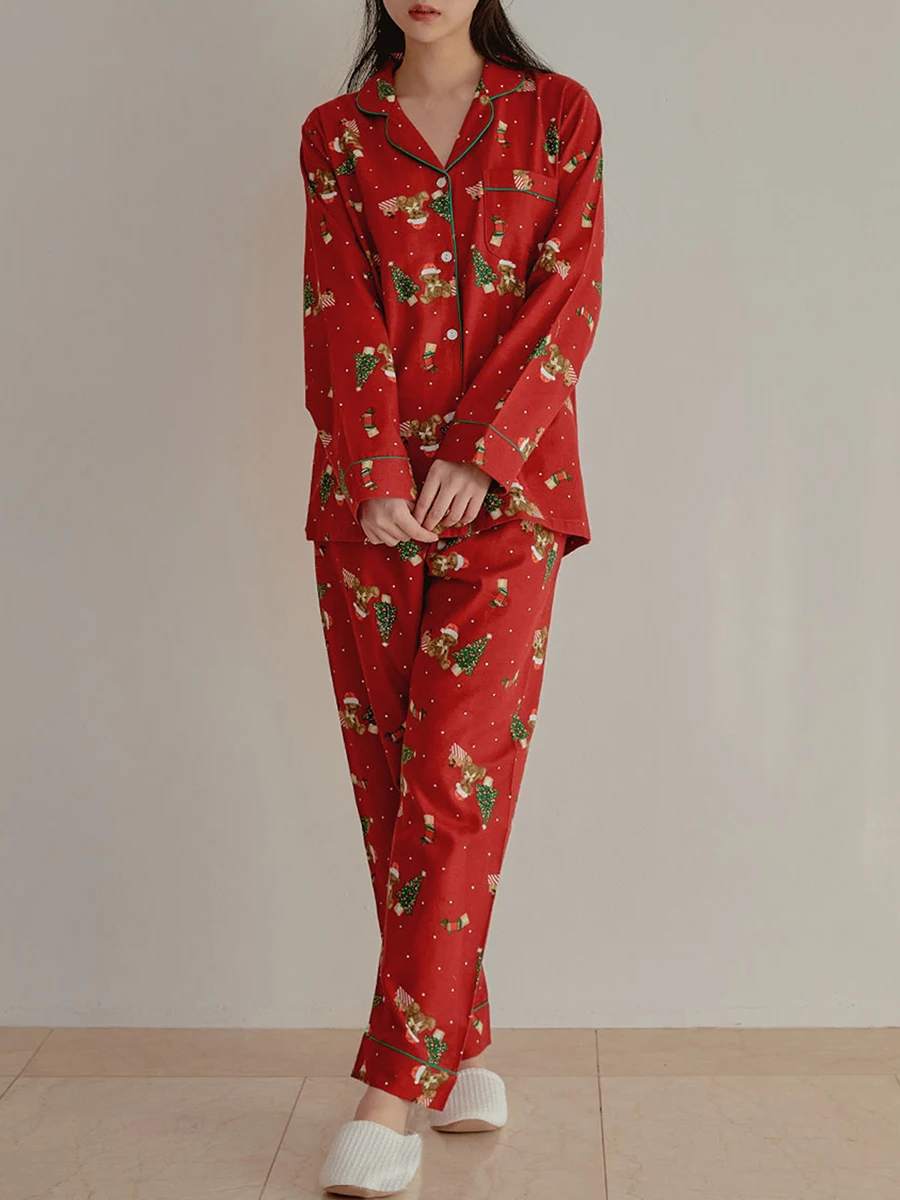 Women Christmas Pajama Set, Tree Bear Print Long Sleeve Shirt with Pants Sleepwear Loungewear