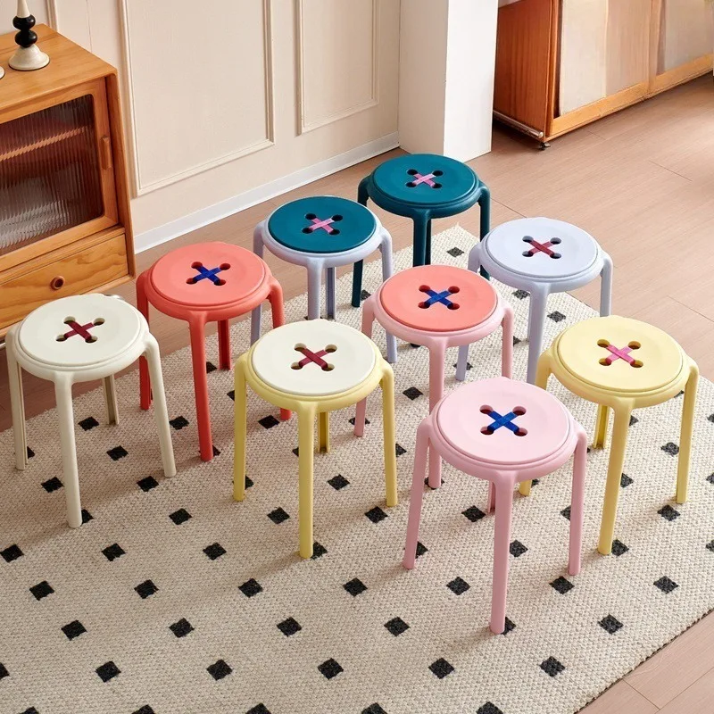 Plastic button stool household stackable dining stool dopamine modern simple strong durable dining room round stool bench