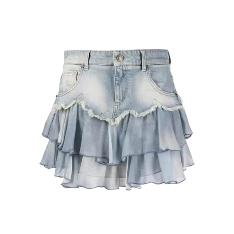 

Design Sensitive Mesh Patchwork Denim Summer New American Spicy Girl High Waisted Slim Ruffled Edge Short Skirt for Women