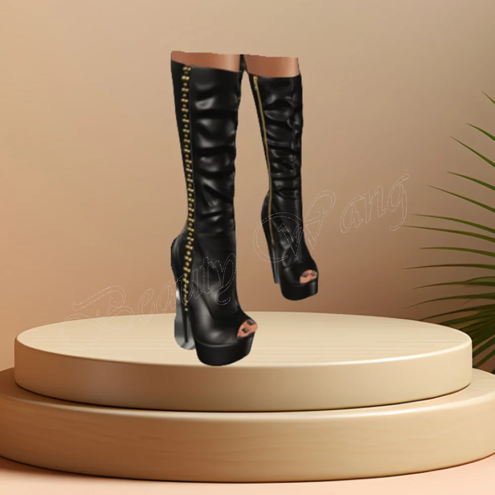 

Black Side Zipper Mid Calf Boots Spike Heel Peep Toe Boots High Heel Shoes for Women Runway High Heels 2023 Zapatillas Mujer