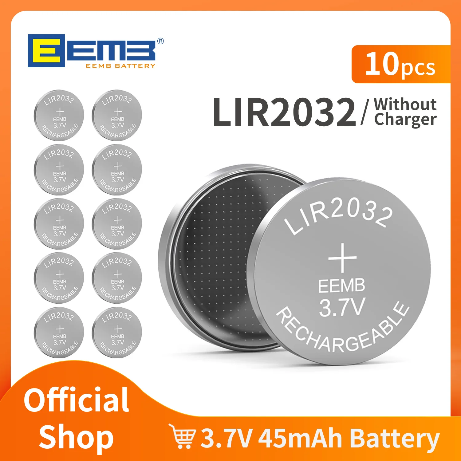 EEMB LIR2032 بطارية زر 2032 3.7 فولت بطارية قابلة للشحن 45 مللي أمبير بطاريات ليثيوم خلية عملة مع شاحن (اختياري)
