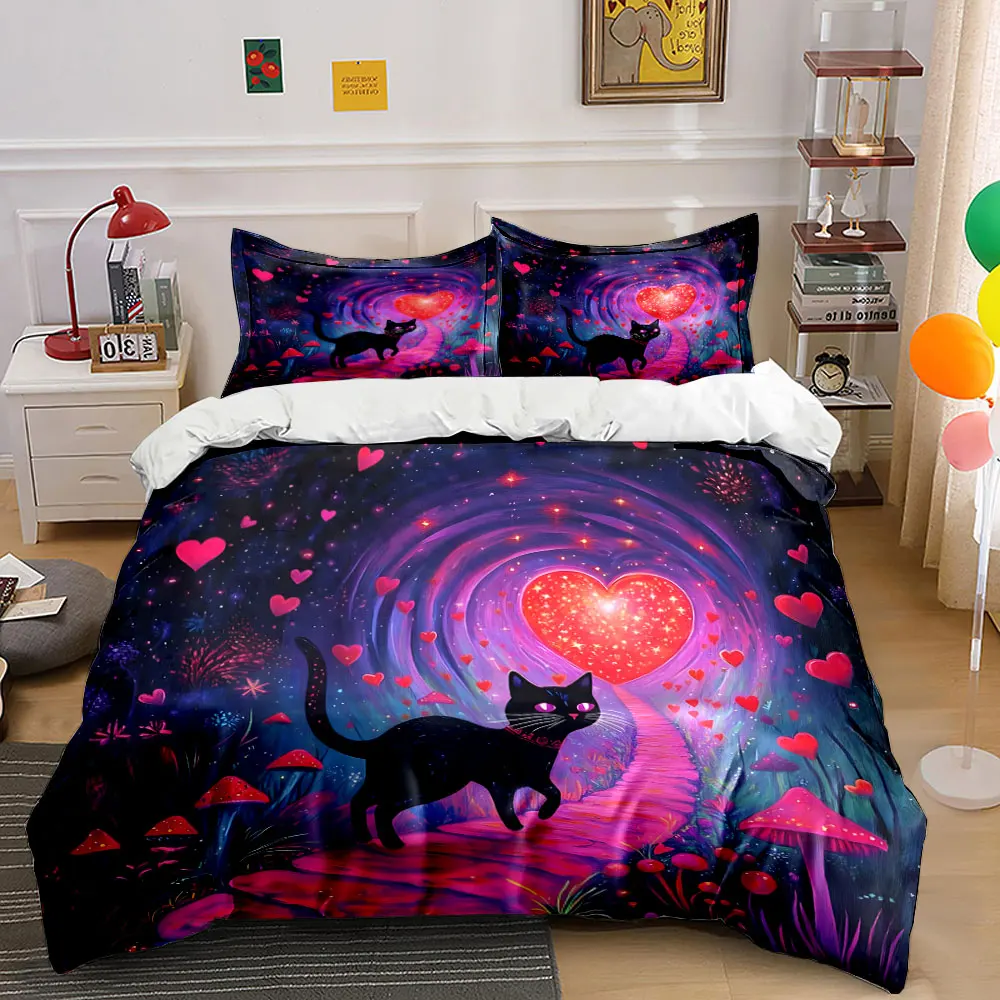 Dreamy cat walking on a magical heart path Print Bedding set 3PC 1 duvet cover 2 pillowcases adult and children bedding set