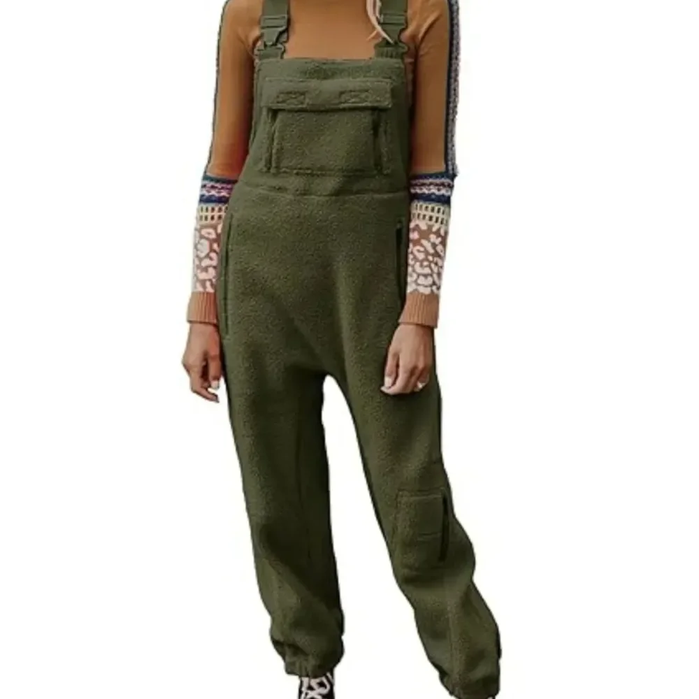 Overalls Women Suspenders Long Pants Lamb Wool Casual Loose Trousers Regular Pocket Straight Pant Solid Splice Capris 2024