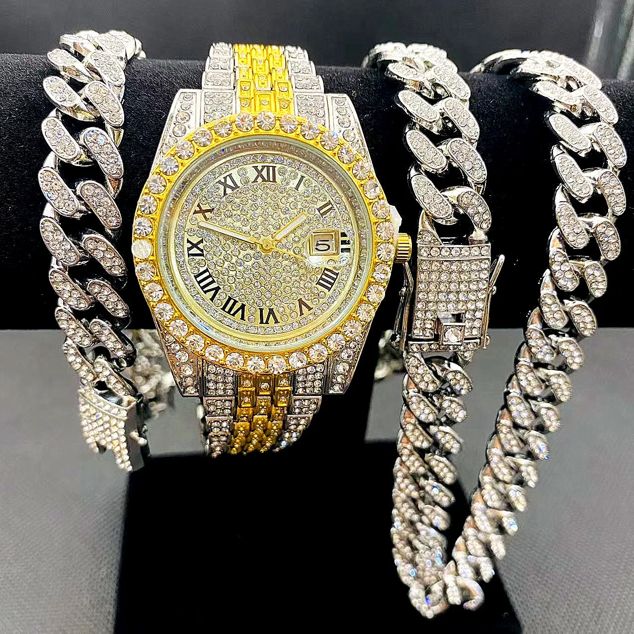 Full Iced Out Watches Men Gold Cuban Link Chains Bracelet Necklace Chokers Rapper Club Bling Fashion Jewelry for Men Watch Set