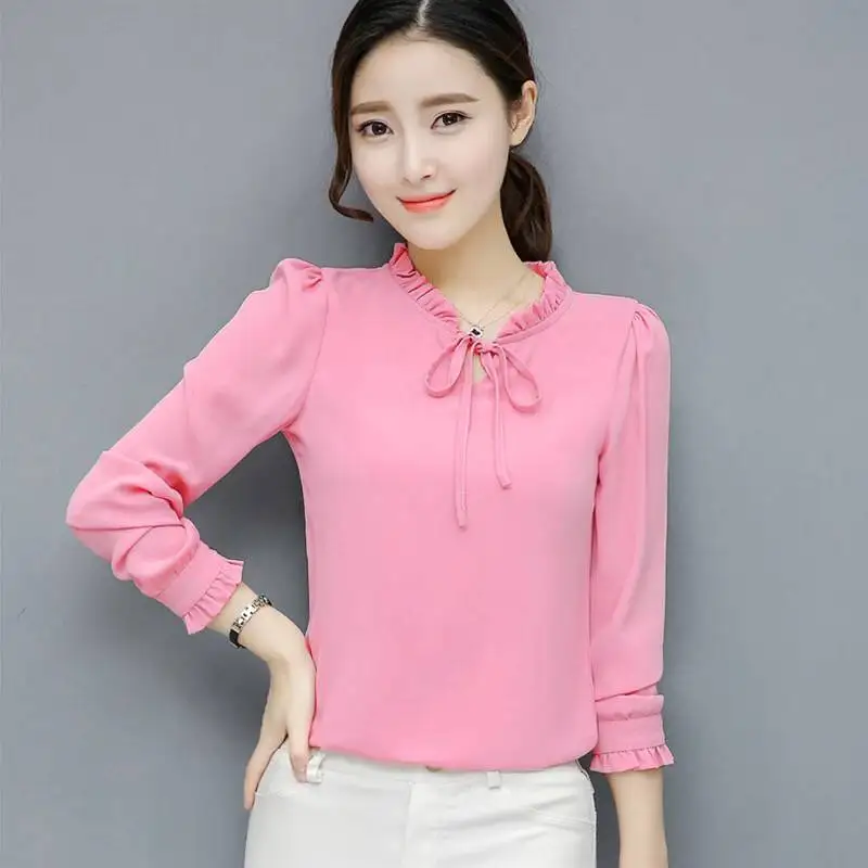 Spring Autumn New Loose Bow Chiffon Shirt Tops Long Sleeve Solid Color Lacing Plus Size Blouse Fashion Office Lady Women Clothes