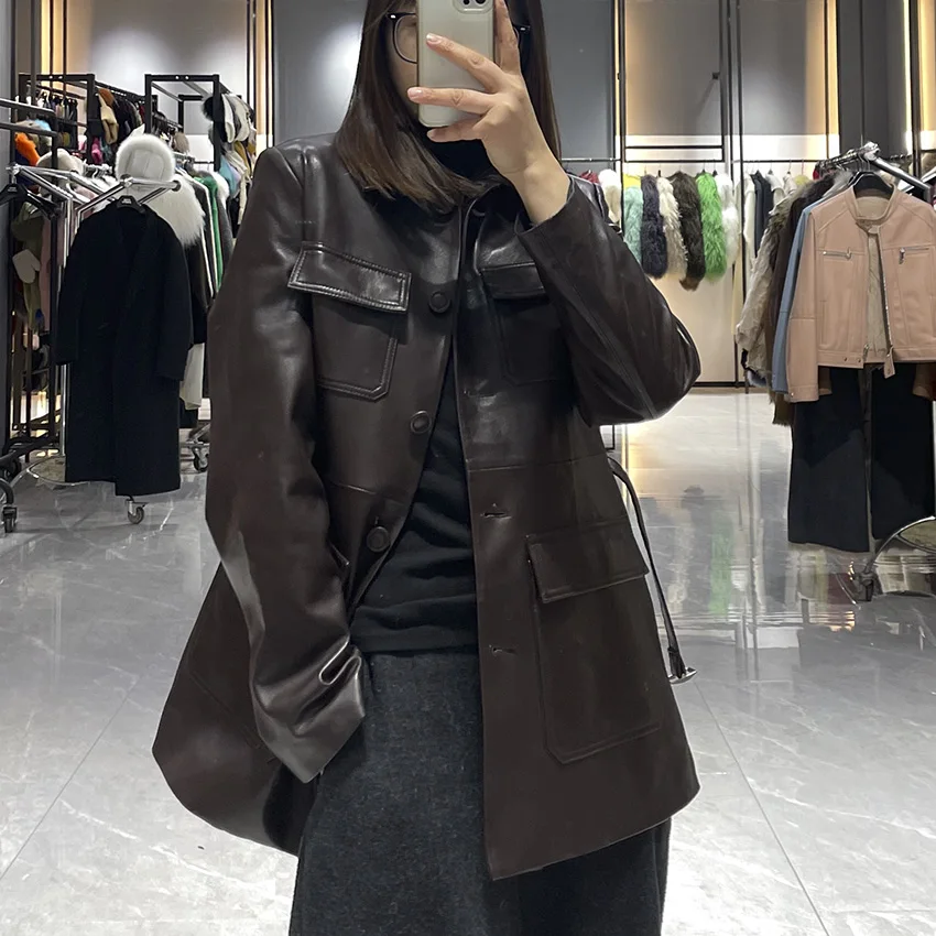 JANEFUR Women Genuine Leather Coat Office Ladies High Waist Retro Casual Sheepskin Medium Long Jacket Autumn Winter JFB6-25008