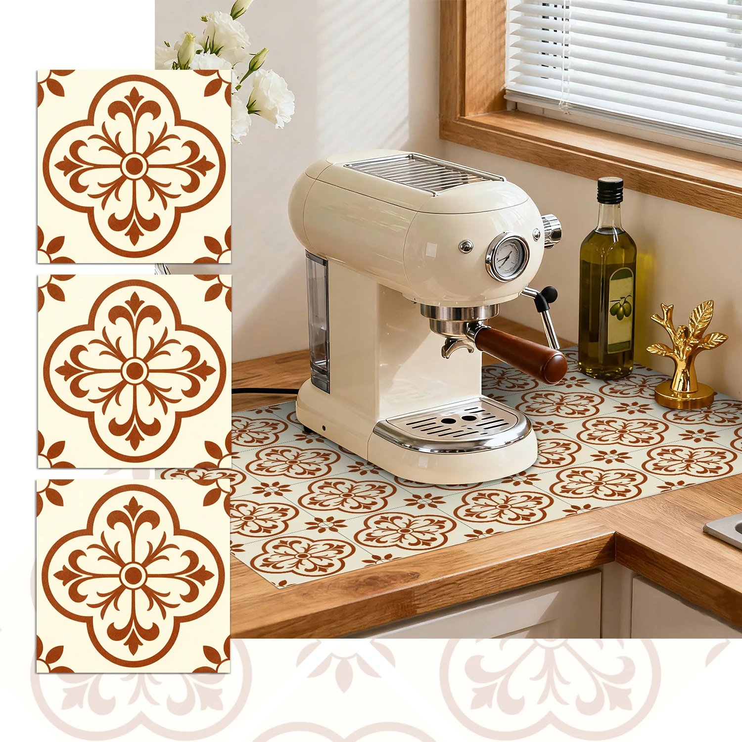 

Vintage Floral Self-Adhesive Wall Stickers HD Pattern Matte Tile Decals for Kitchen Bathroom Home Decor 24PCS 10/15/20cm