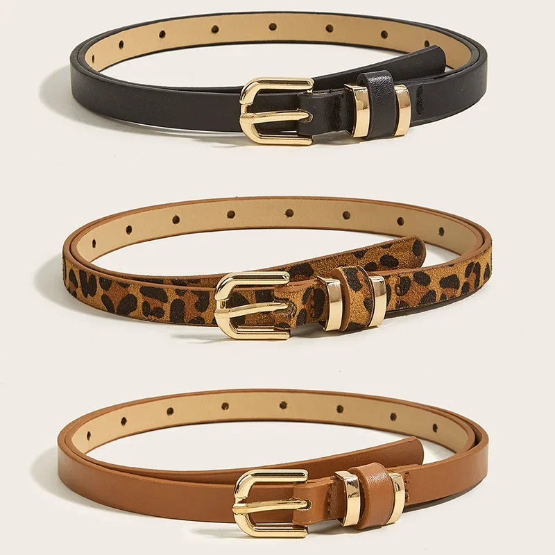 Retro Leopard Print Leather Thin Belt for Women Metal Buckle Waist Strap Designer Female Trouser Dress Coat Decoration Waistband