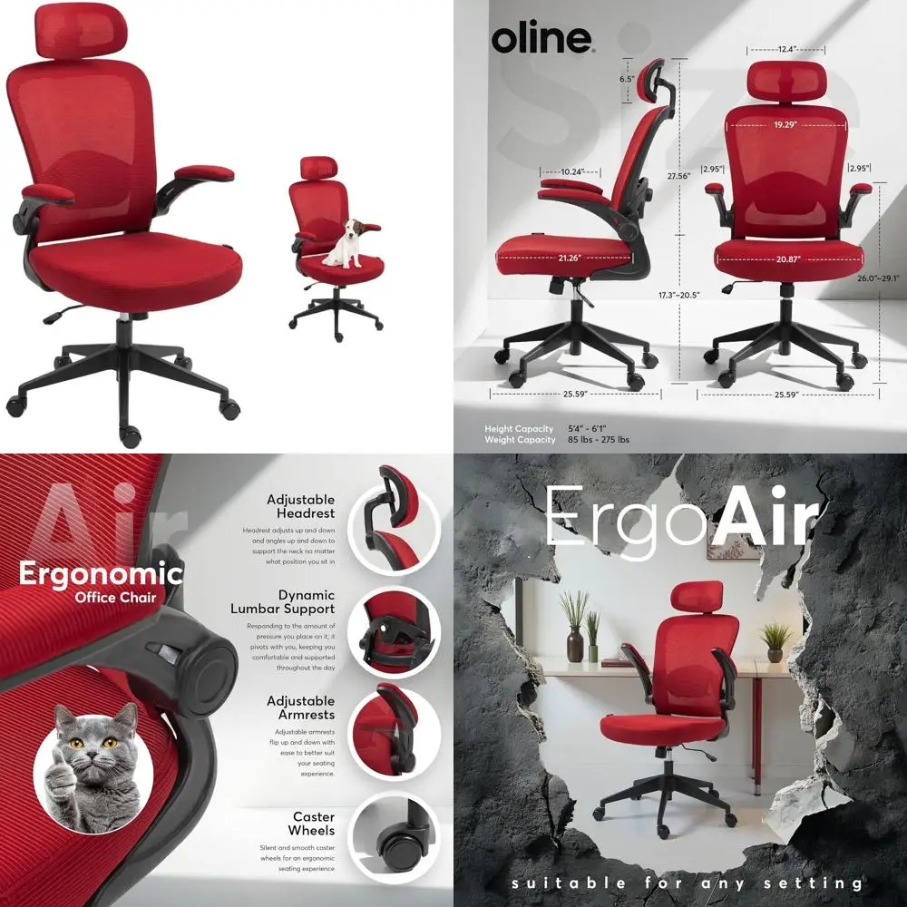 

Ergonomic Office Chair with Adjustable Lumbar Support, Flip-Up Armrests, Mesh Fabric, Swivel Rolling Chair for Home and Office (