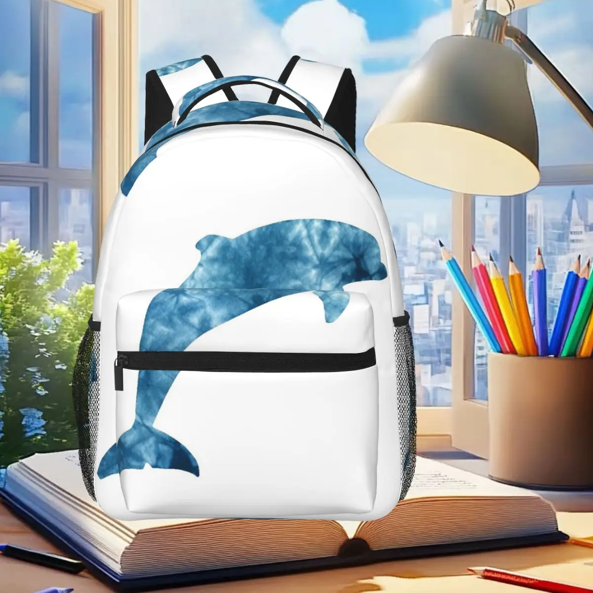 

Tie Dye Dolphin Ocean Blue White Waves Студенческий рюкзак Школьная сумка Походный дорожный рюкзак для мужчин и женщин Книжная сумка Сумки на плечо