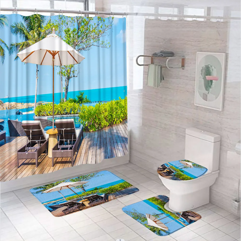 4Pcs Beach Palm Tree Shower Curtain Set for Bathroom Blue Ocean Screen with 12Hooks Polyester Fabric Waterproof Curtains Decor