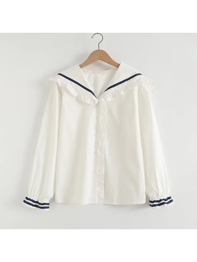 Merry Pretty Sailor Collar Women White Cotton Shirts Long Sleeve Ruffles Top Casual Women Blouse Sweet Preppy Stye Shirt